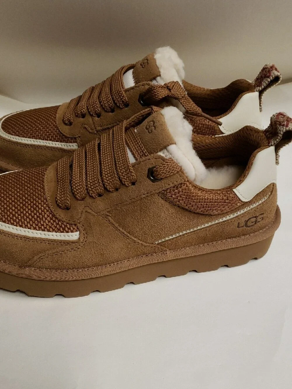 UGG Chestnut Brown Suede Lace-Up Sneakers with Shearling Collar, Size 6
